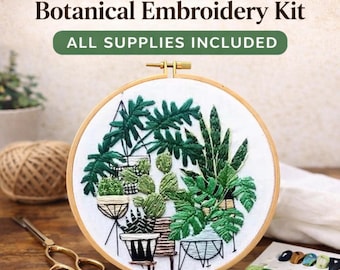 Kit de bordado de plantas tropicales para principiantes • Patrón de costura de hojas de 20 cm • Manualidad fácil y moderna • Regalo de puntada de vegetación relajante para adultos