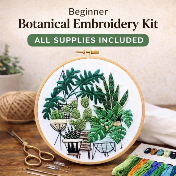 Tropical Plant Embroidery Kit for Beginners • Leaf Needlework Pattern 20cm • Easy Modern DIY Craft • Relaxing Greenery Stitch Gift for Adult