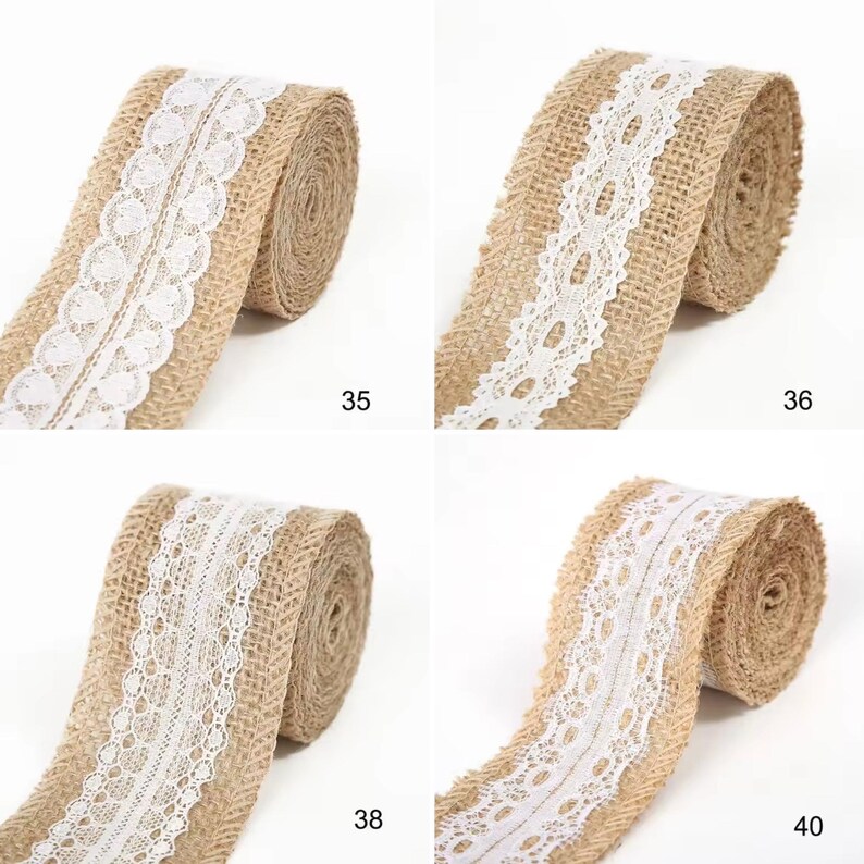 May include: Four rolls of tan burlap ribbon, each featuring a distinct white lace trim pattern down the center. The rolls are labeled with the numbers 35, 36, 38, and 40, showcasing varied intricate lace designs on a textured, woven fabric base.