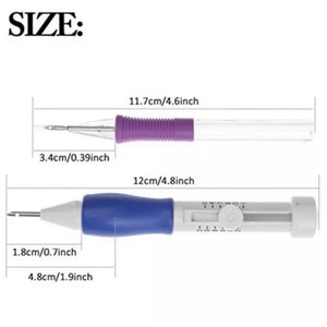 May include: Two tools for threading yarn through fabric. The top tool is purple and clear, measuring 11.7 inches long and 3.4 inches wide. The bottom tool is blue and white, measuring 12 inches long and 1.8 inches wide.