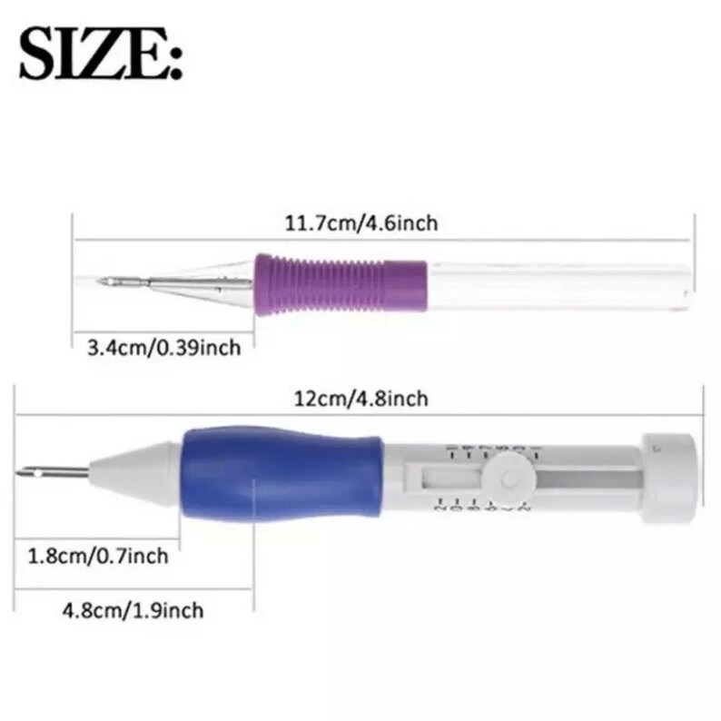 May include: Two tools for threading yarn through fabric. The top tool is purple and clear, measuring 11.7 inches long and 3.4 inches wide. The bottom tool is blue and white, measuring 12 inches long and 1.8 inches wide.