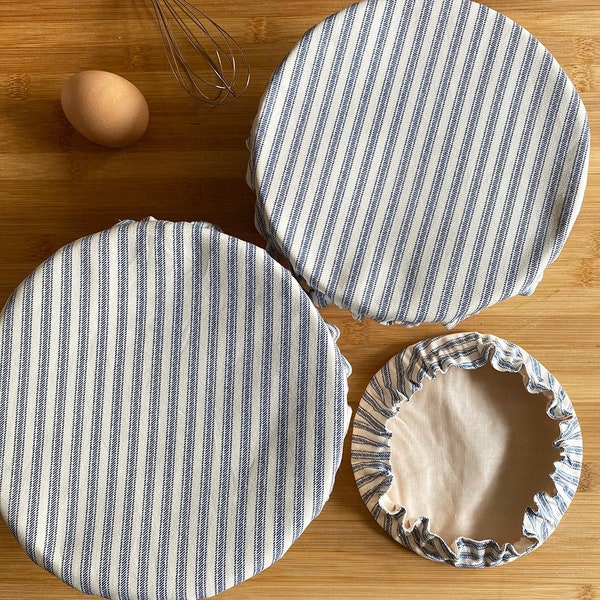 Farmhouse Blue Ticks Picnic Stripes Cotton Food Baking Bread Mixer Bowl Covers | Reusable Washable Zero Waste Ecofriendly Sustainable Gift
