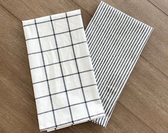 Black Plaid Striped Reusable Washable Linen Cotton Blend Tea Towels | Sustainable Gift Contemporary Modern Farmhouse Home Kitchen Accessory