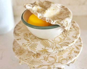 Gold Floral Cotton Fabric Food Baking Bread Mixer Bowl Covers | Reusable Washable Zero Waste Eco-friendly Sustainable Gift Kitchen