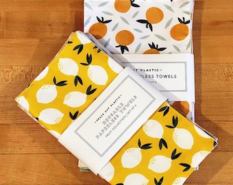 Reusable 3ply Cotton Paper Paperless Towels with Optional Snaps | Eco-friendly, Zero Waste Gift, Waste-free | Modern Fruits Lemon Berry Set