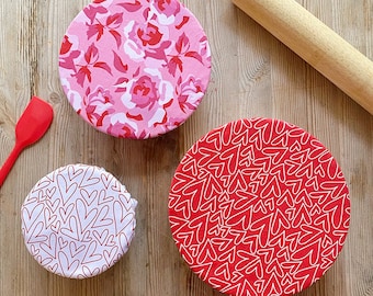 Valentine's Pink Roses Red White Hearts Set | Reusable Cotton Fabric Food Baking Bread Mixer Bowl Cover| Zero Waste Eco-friendly Sustainable