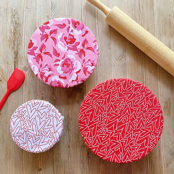 Valentine's Pink Roses Red White Hearts Set | Reusable Cotton Fabric Food Baking Bread Mixer Bowl Cover| Zero Waste Eco-friendly Sustainable