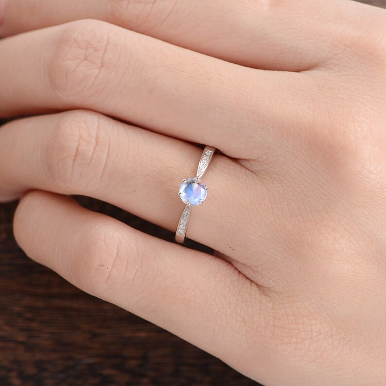 Natural Moonstone Engagement Ring White Gold 5mm Moonstone Antique Wedding Diamond Custom Milgrain Solitaire Unique Retro Anniversary Women