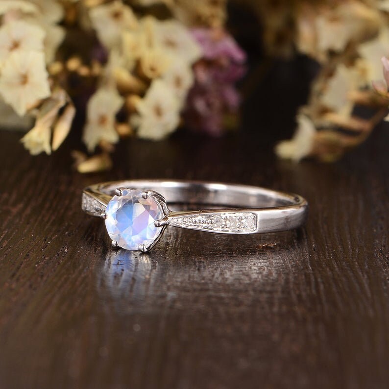 Natural Moonstone Engagement Ring White Gold 5mm Moonstone Antique Wedding Diamond Custom Milgrain Solitaire Unique Retro Anniversary Women