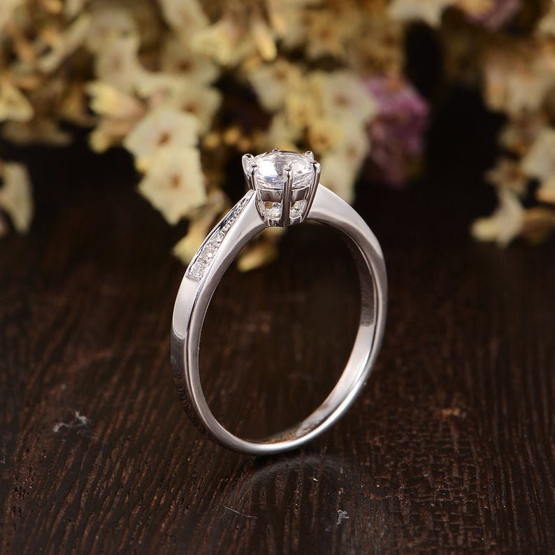 Natural Moonstone Engagement Ring White Gold 5mm Moonstone Antique Wedding Diamond Custom Milgrain Solitaire Unique Retro Anniversary Women