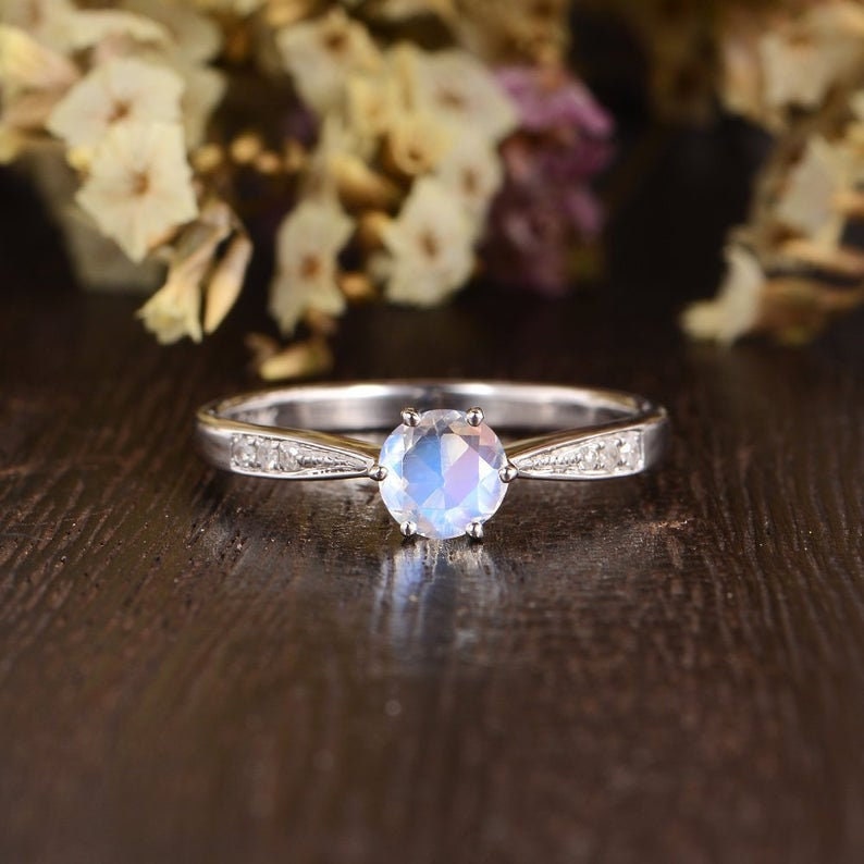 Natural Moonstone Engagement Ring White Gold 5mm Moonstone Antique Wedding Diamond Custom Milgrain Solitaire Unique Retro Anniversary Women