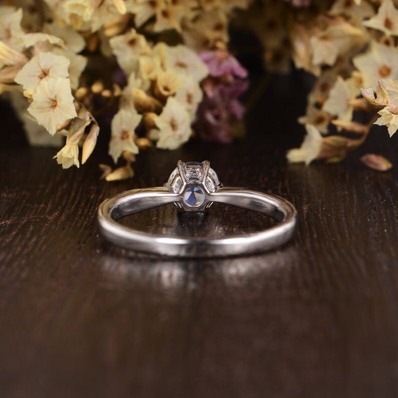 Natural Moonstone Engagement Ring White Gold 5mm Moonstone Antique Wedding Diamond Custom Milgrain Solitaire Unique Retro Anniversary Women