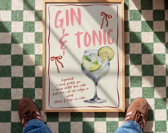 Gin and Tonic Cocktail Poster, kitchen Wall Art, Bar Decor Drink Lovers, Digital Download