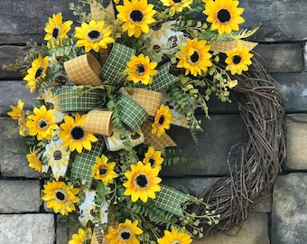 Summer Grapevine Sunflower Wreath, Front Door Fall Sunflower Wreath, Indoor Outdoor Wreath, Mother’s Day Gift, Birthday Gift Wreath