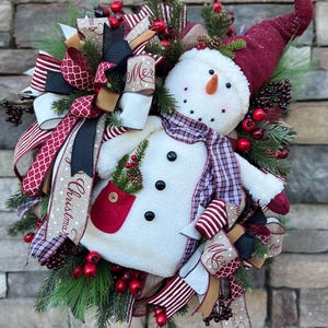 Large Snowman Christmas Wreath, Winter Snowman Mesh Wreath, Front Door Traditional Christmas Wreath, Burgundy And Cream Winter Door Decor