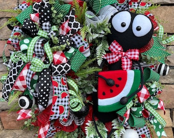 Summer Ant Wreath, Watermelon Wreath, Picnic Wreath, Summer Mesh Funny Ant Wreath, Large Front Door Watermelon, Red And Black Ant Wreath