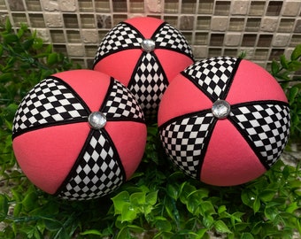 Pink And Black Sassy Ornaments, Handmade Designer Ornaments, Pink Black And White Harlequin Foam Balls, Wreath Attachments, Chic Decor