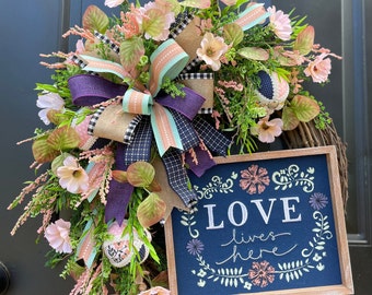 Spring Front Door Grapevine Wreath, Full Floral Summer Door Wreath, Mothers Day Gift, Navy Blue And Pink Floral Wreath, Everyday Front Door