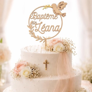 Cake topper baptême communion personnalisé en bois  -  Colombe dorée - végétal champetre