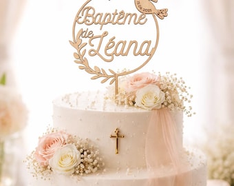 Cake topper baptême communion personnalisé en bois  -  Colombe dorée - végétal champetre