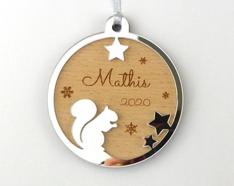 Personalized wooden squirrel Christmas ball - baby's 1st Christmas