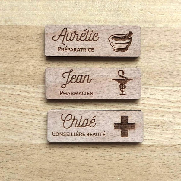 Badge pharmacie personnalisé aimanté en bois, badge magnet pharmacien, préparateur