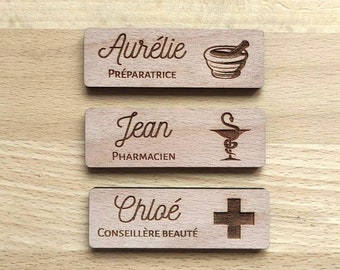 Badge pharmacie personnalisé aimanté en bois, badge magnet pharmacien, préparateur