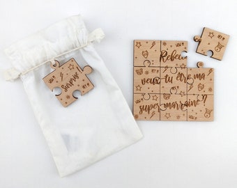 Personalized wooden puzzle/card asking for godmother or godfather