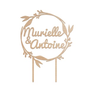 Personalized wedding cake topper - Floral wreath - Wood / plexiglass