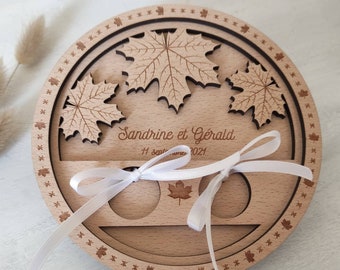 Personalized wooden maple leaf wedding ring holder, country wedding ring holder