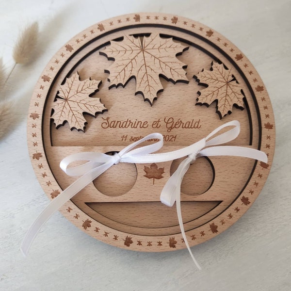 Personalized wooden maple leaf wedding ring holder, country wedding ring holder