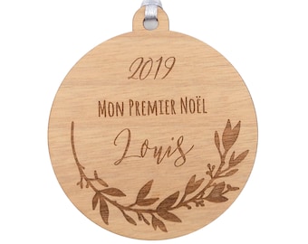 Personalized wooden Christmas ball - Foliage, Plant motif - Child's first name