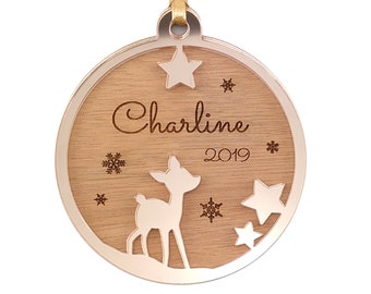 Personalized wooden Christmas ball - Fawn - Baby's 1st Christmas (Personalized ornament, Christmas decoration)