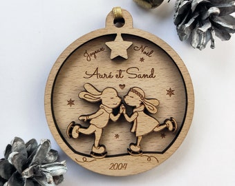 Personalized couple or duo Christmas bauble with wooden rabbit - My first Christmas (Personalized ornament, Christmas decoration)