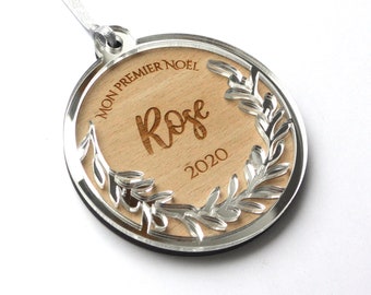 Personalized Christmas bauble with olive leaves - baby's first Christmas