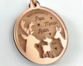 Personalized wooden Christmas ball - Deer, doe, fawn family - Family Christmas