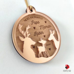 Palla di Natale in legno personalizzata Famiglia di cervi, cervi, cerbiatti Natale in famiglia Plexi Rose miroir