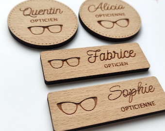 Badge opticien personnalisé aimanté en bois, badge magnet lunettes