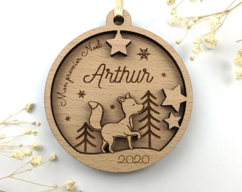 Gepersonaliseerde houten vos kerstbal - Baby's 1e Kerstmis (gepersonaliseerd ornament, kerstversiering)