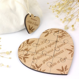 Puzzle cœur en bois / annonce grossesse : grands-parents, papi, mamie, tonton, tata, frère, sœur