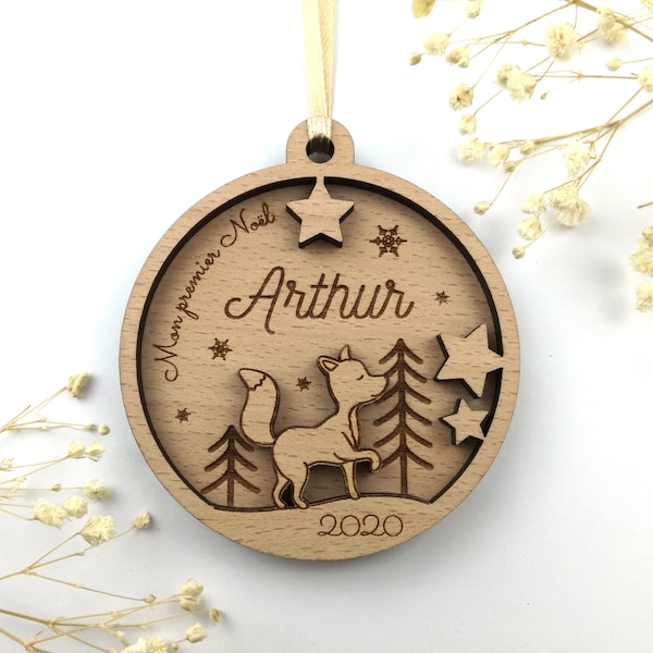 Bola de Navidad de zorro de madera personalizada - 1ª Navidad del bebé (adorno personalizado, decoración navideña)