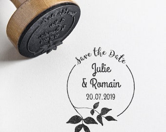 Ronde gepersonaliseerde trouwstempel - Save the date - Bladmotief - Rustiek
