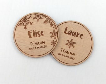 Personalized magnetic wooden wedding badge, winter wedding, witness magnet badge, dad of the bride badge