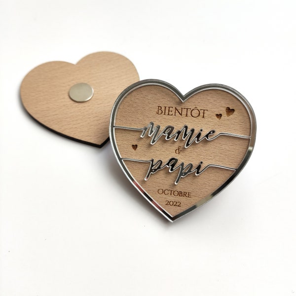 Magnet annonce grossesse en bois, magnet coeur, Annonce papi mamie