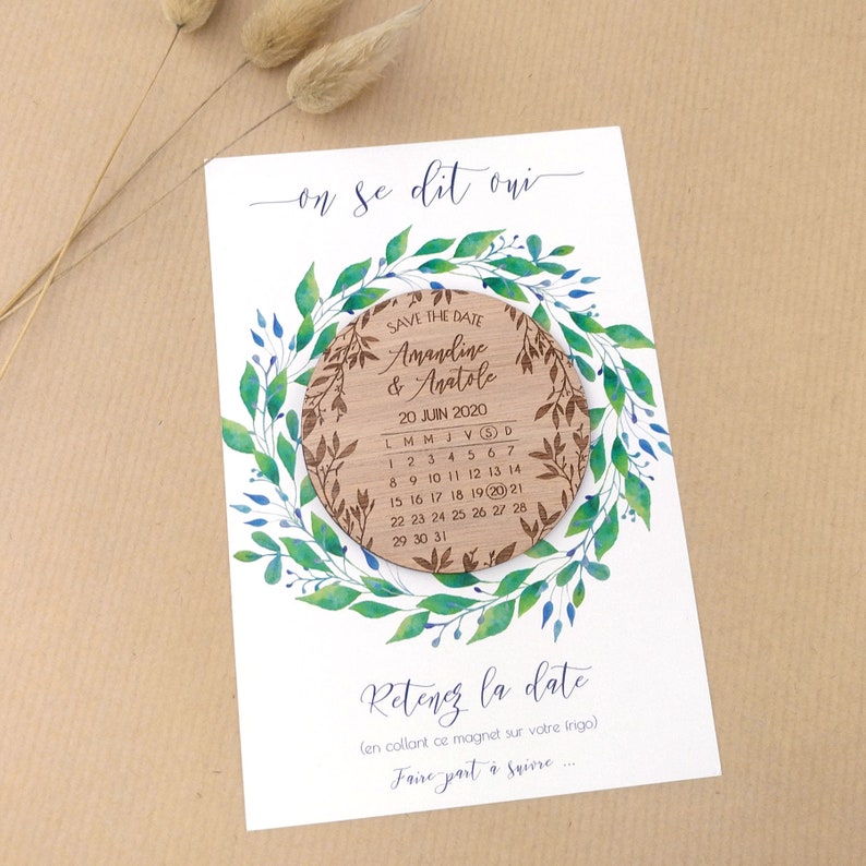 Magnet Save the Date en bois personnalisé - Thème champêtre bohème ...