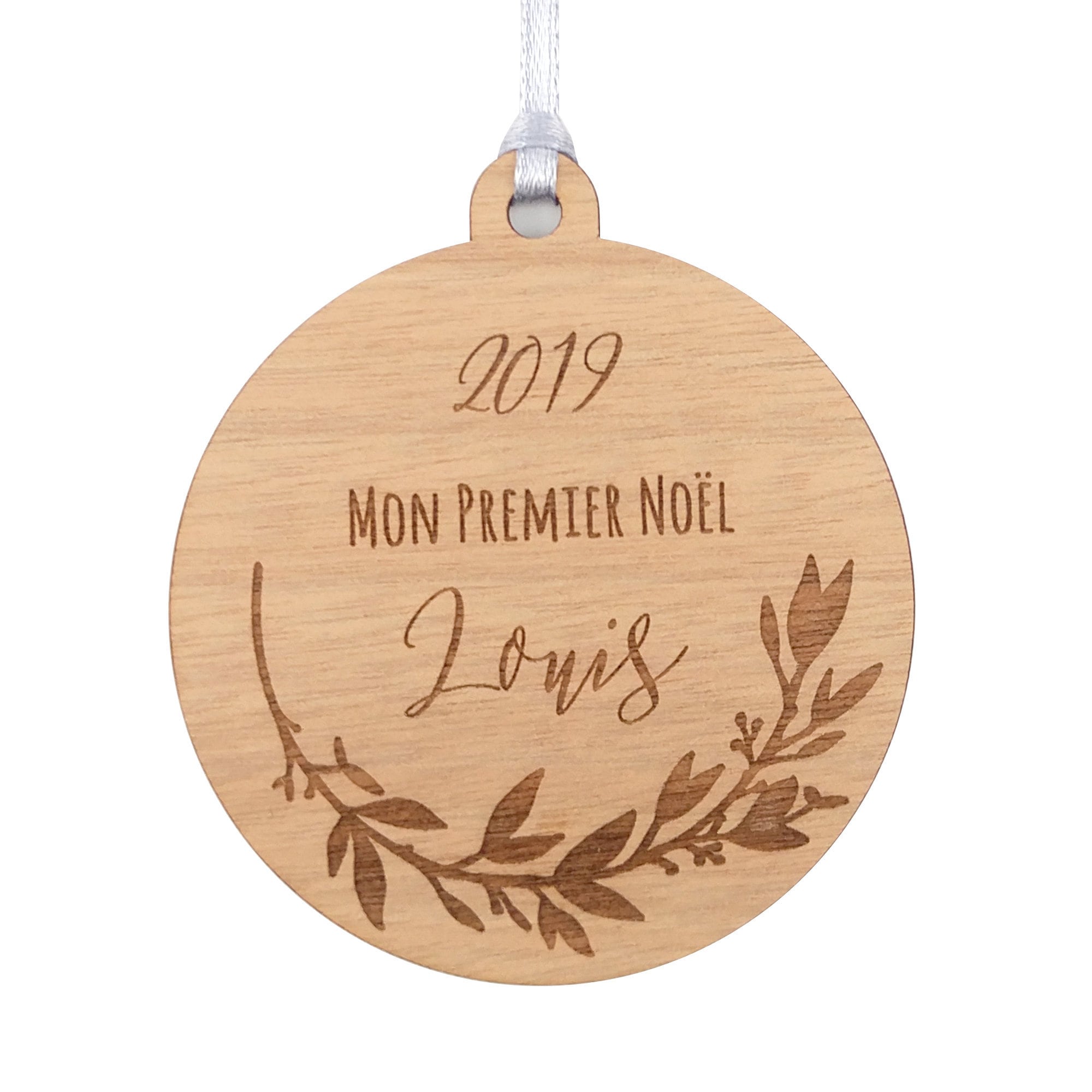 Boule de Noël Personnalisée en Bois - Feuillage, Motif Végétal Prénom Enfant