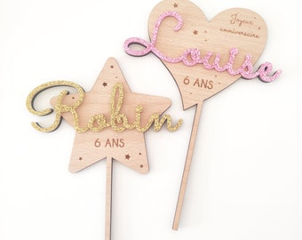 Cake topper anniversaire personnalisé - étoile, coeur, prénom d'enfant