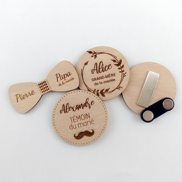 Badge mariage personnalisé aimanté en bois, badge magnet témoin, badge EVJF