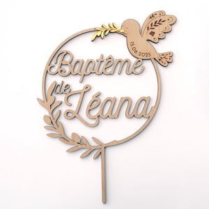 Personalized wooden baptism and communion cake topper - Golden dove - rustic plants