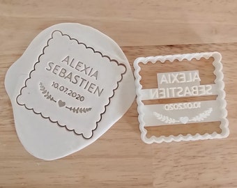 Personalized wedding cookie cutter with date and names - shortbread cookie - heart and laurel wreath cookie cutter